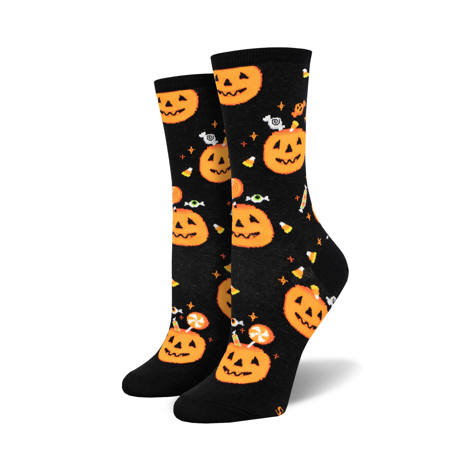 Pair of black crew socks with orange pumpkins, candy corn, and eyeballs.  Fun Halloween design!