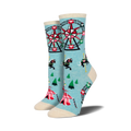 Pair of women's crew socks in pastel blue. Features a Ferris wheel, carousel horses, and circus tents in pink, red, and black.