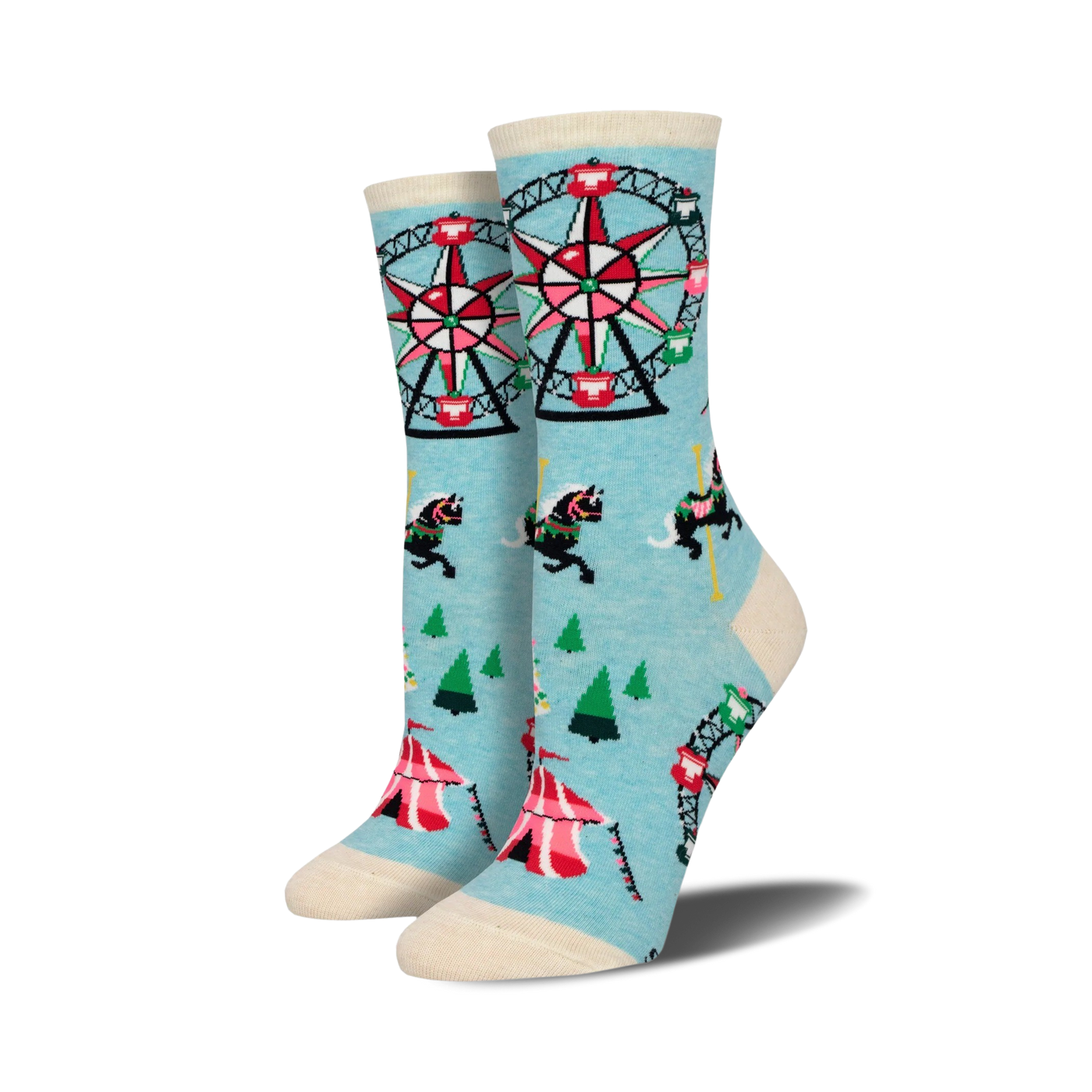 Pair of women's crew socks in pastel blue. Features a Ferris wheel, carousel horses, and circus tents in pink, red, and black.