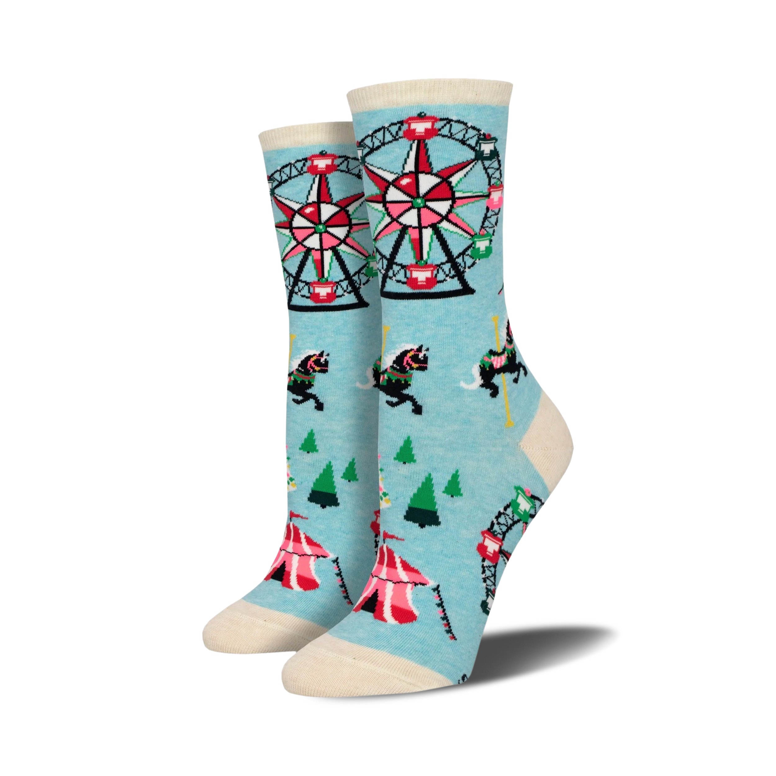 Pair of women's crew socks in pastel blue. Features a Ferris wheel, carousel horses, and circus tents in pink, red, and black.