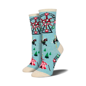 blue womens crew socks featuring carousels, horses, and christmas trees. great for christmas and the holiday season.   
