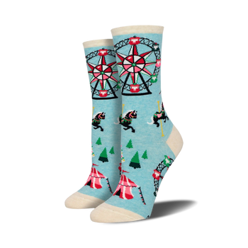 blue womens crew socks featuring carousels, horses, and christmas trees. great for christmas and the holiday season.   