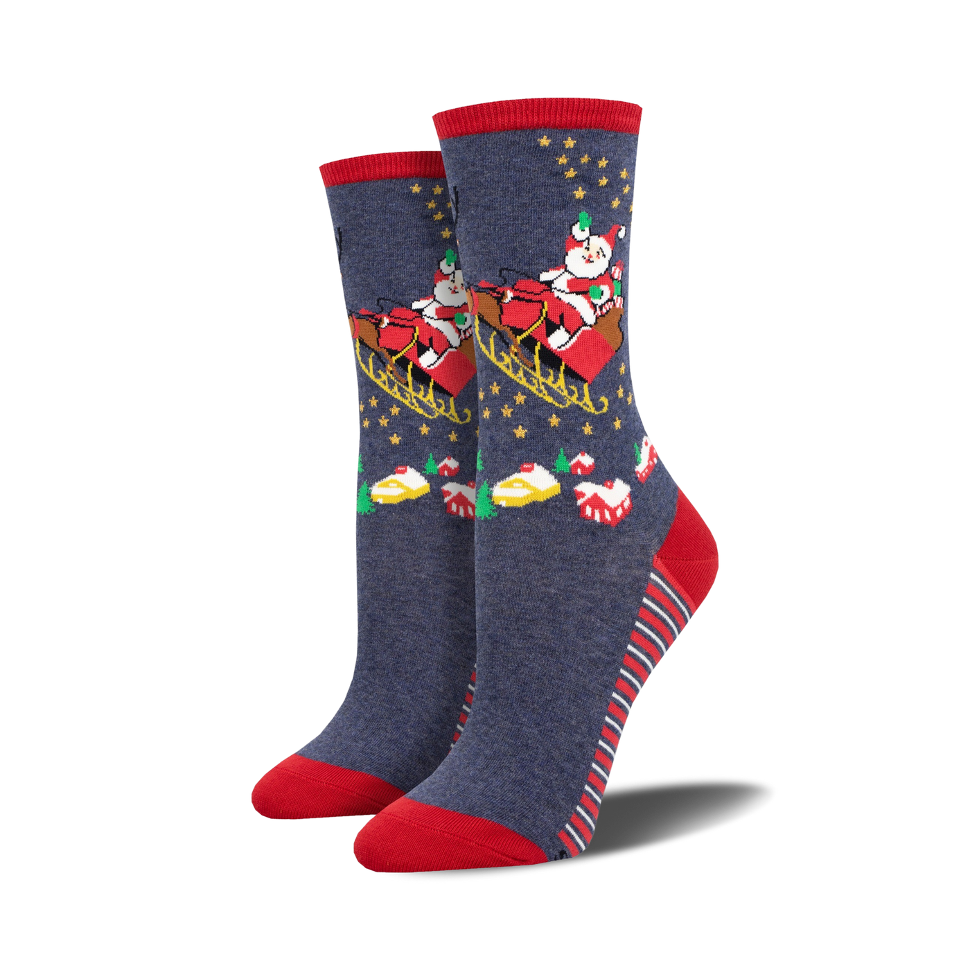 Pair of women's crew socks in navy blue with red accents.  Design features Santa in a sleigh with stars and Christmas treats.