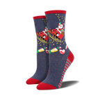 Pair of women's crew socks in navy blue with red accents.  Design features Santa in a sleigh with stars and Christmas treats.