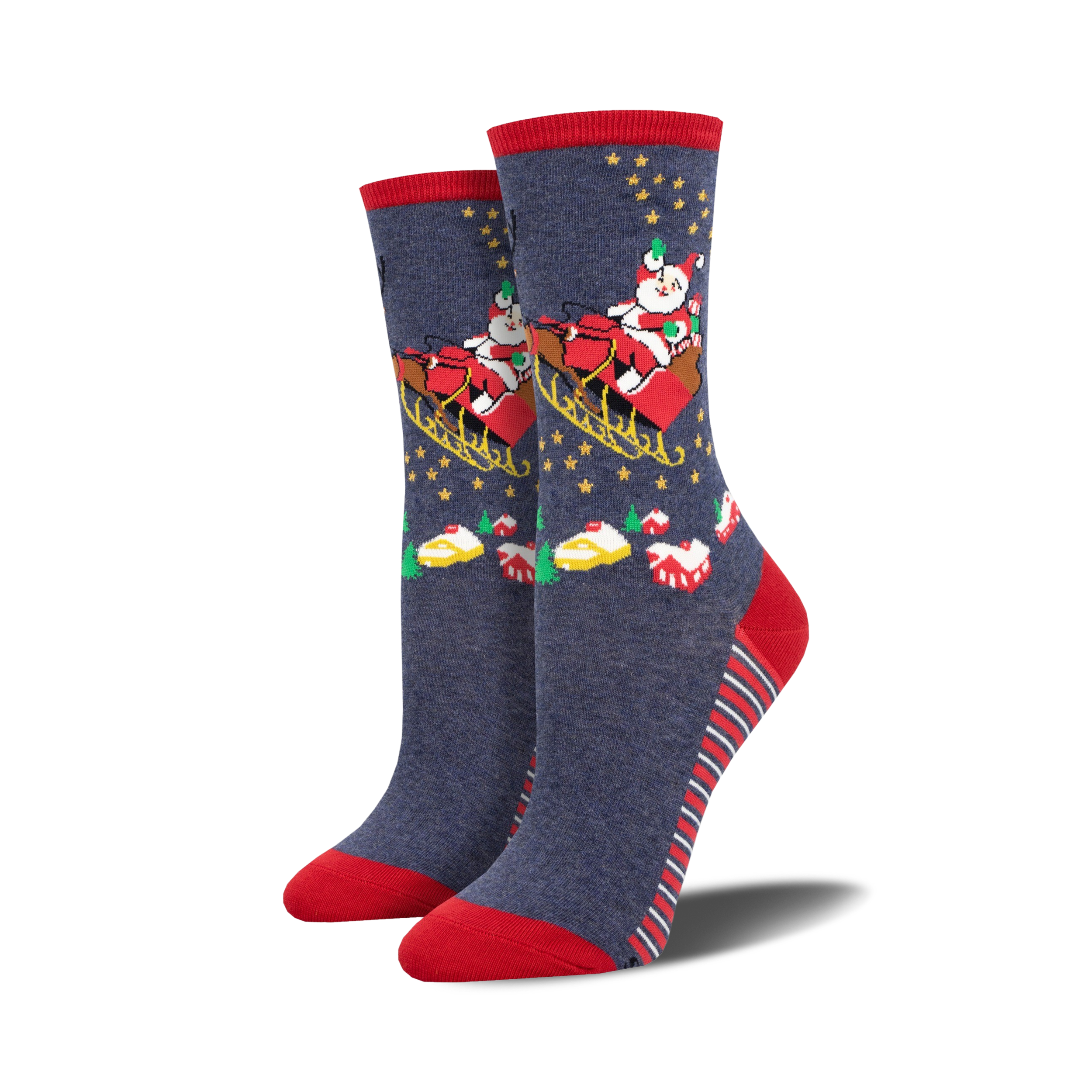 Pair of women's crew socks in navy blue with red accents.  Design features Santa in a sleigh with stars and Christmas treats.