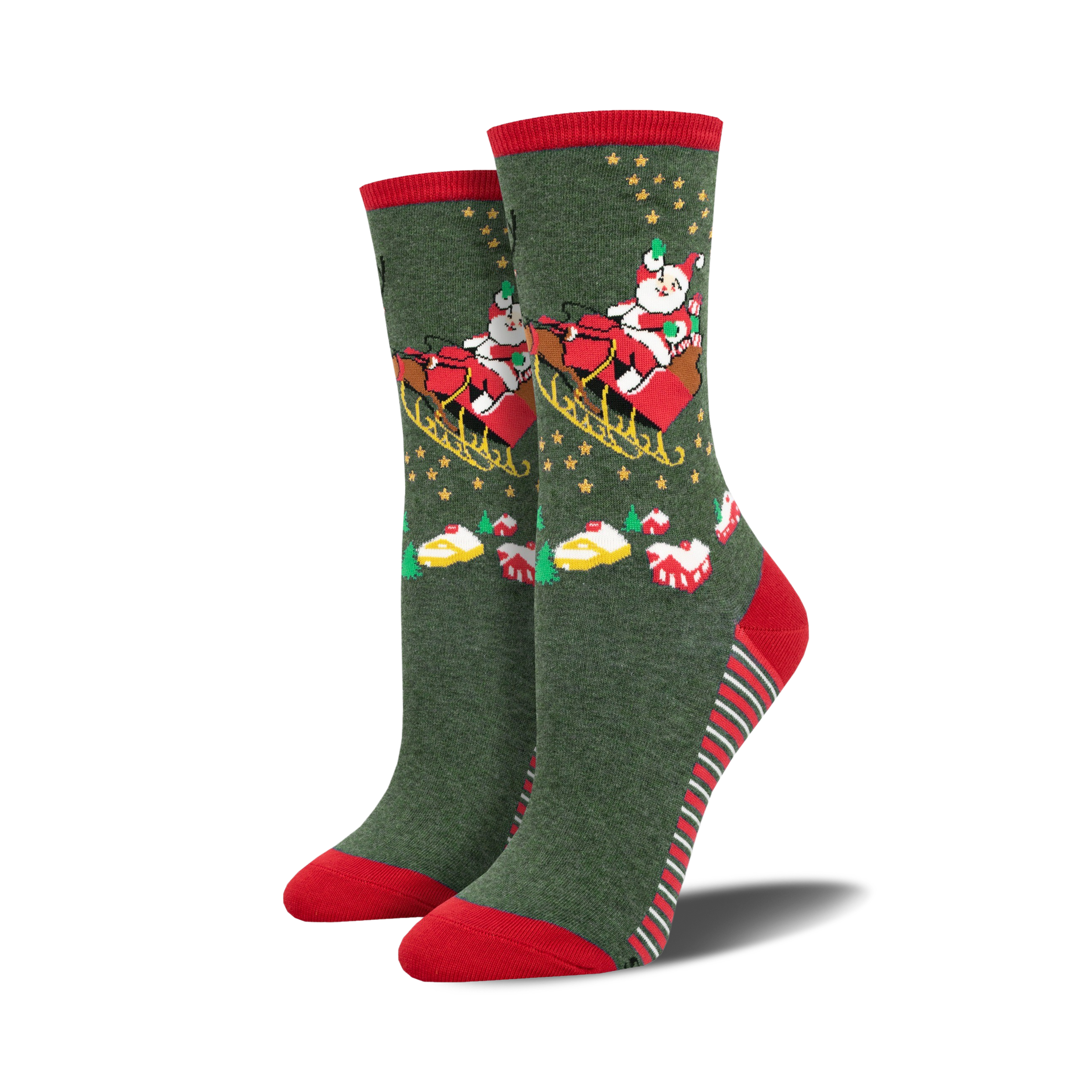 Lifestyle shot showing the green 'Sleighing It' Christmas socks on a model's feet.
