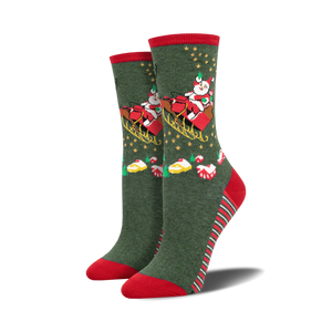 green, red, and white christmas crew socks featuring santa and reindeer pattern.   