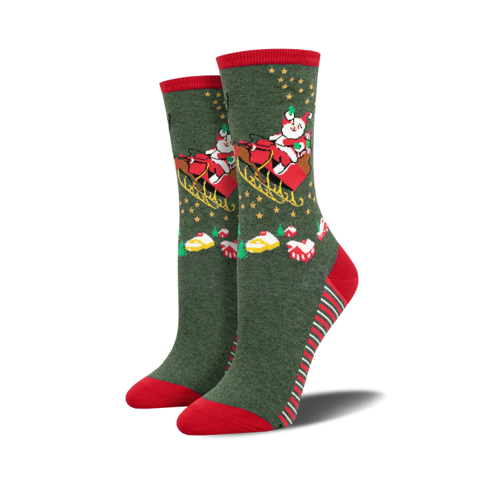 green, red, and white christmas crew socks featuring santa and reindeer pattern.   