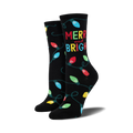A pair of black crew socks with colorful string lights and 'Merry and Bright' text. Perfect for the holiday season!