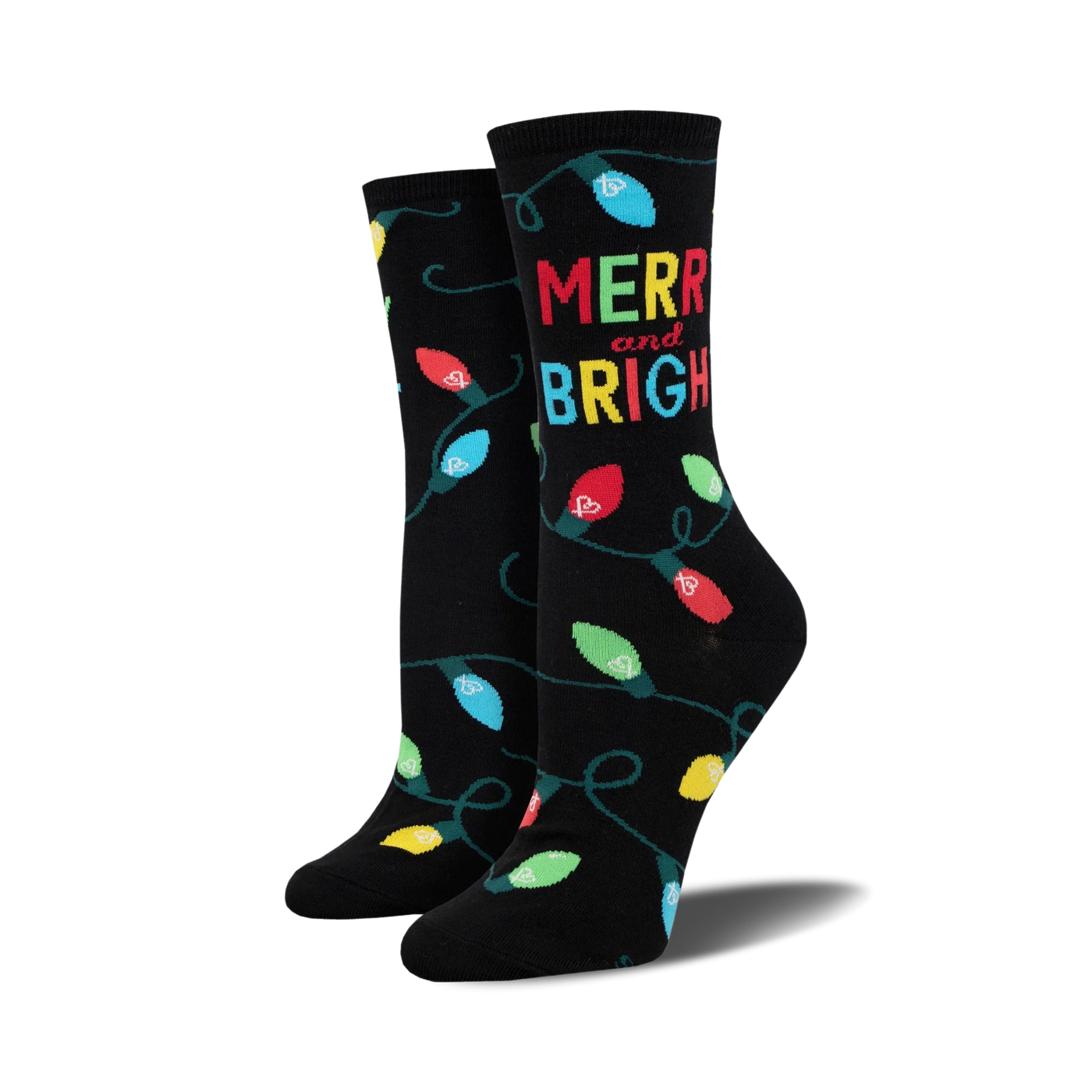 A pair of black crew socks with colorful string lights and 'Merry and Bright' text. Perfect for the holiday season!