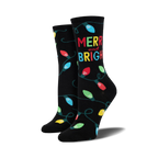 A pair of black crew socks with colorful string lights and 'Merry and Bright' text. Perfect for the holiday season!