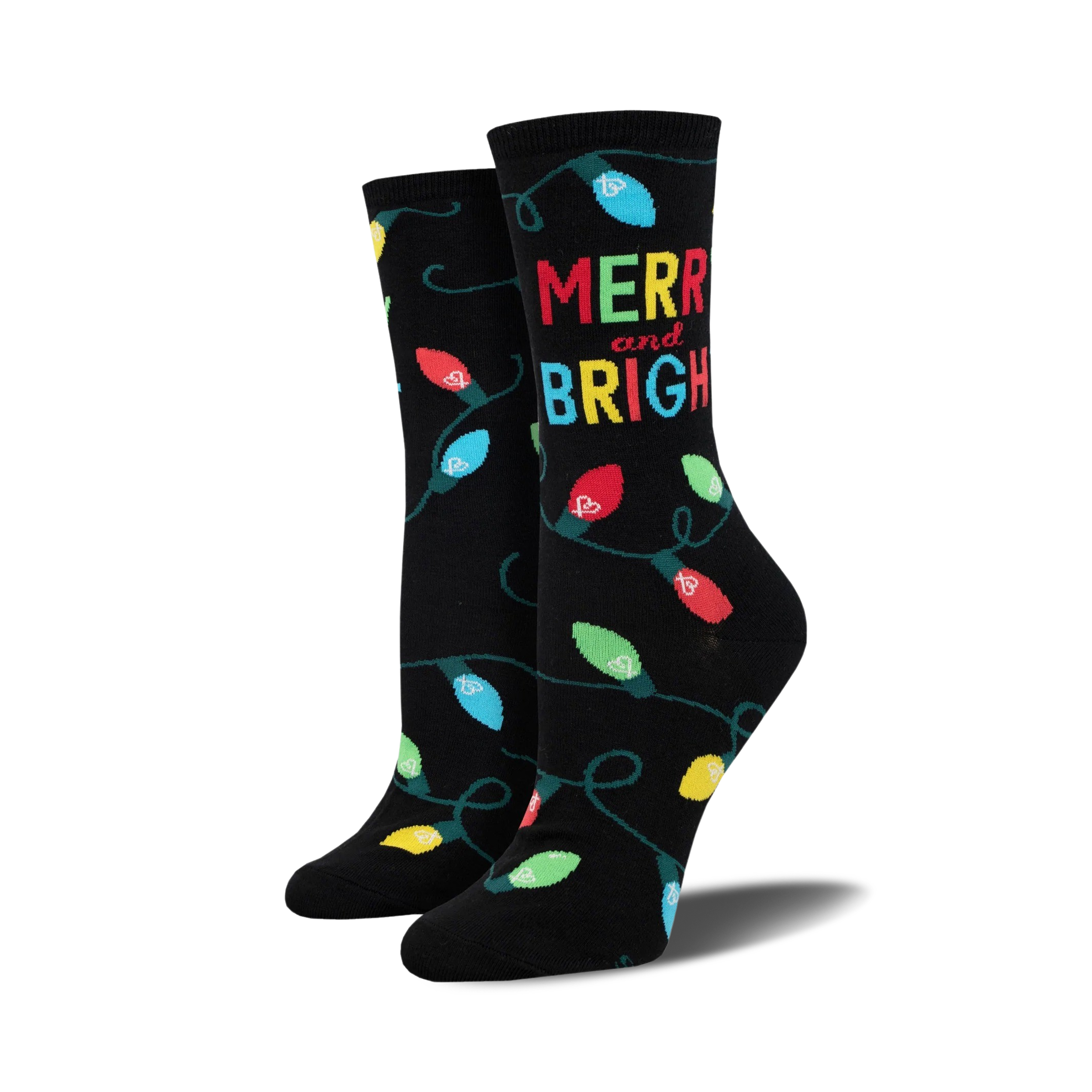 A pair of black crew socks with colorful string lights and 'Merry and Bright' text. Perfect for the holiday season!