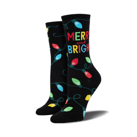 multi-colored christmas lights adorn these women's crew socks, spreading holiday cheer with every step.   