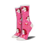 Crew socks in pink featuring red-haired unicorns, candy canes, and presents on a pink background. A festive and fun design!