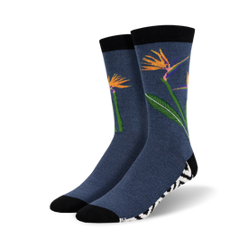 men's blue crew socks with bold orange and blue tropical flower pattern, perfect for summertime style that pops.   