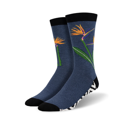 men's blue crew socks with bold orange and blue tropical flower pattern, perfect for summertime style that pops.   