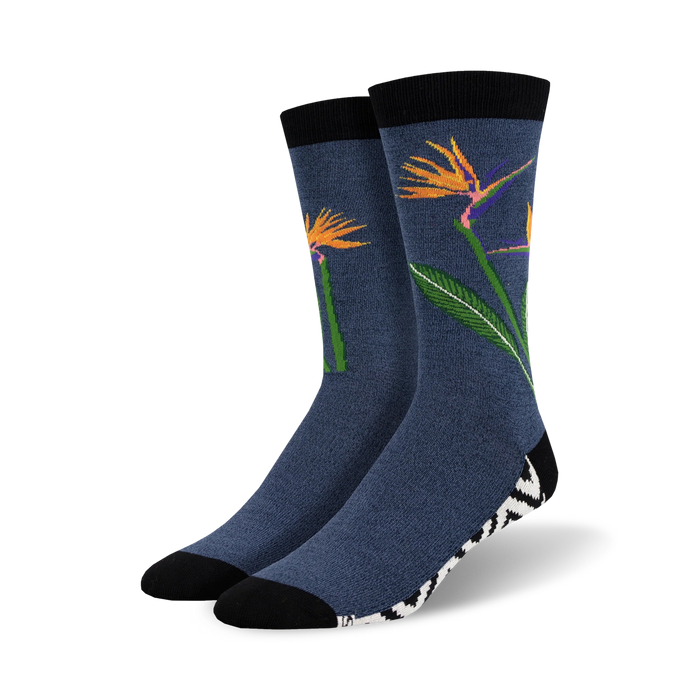 men's blue crew socks with bold orange and blue tropical flower pattern, perfect for summertime style that pops.    }}