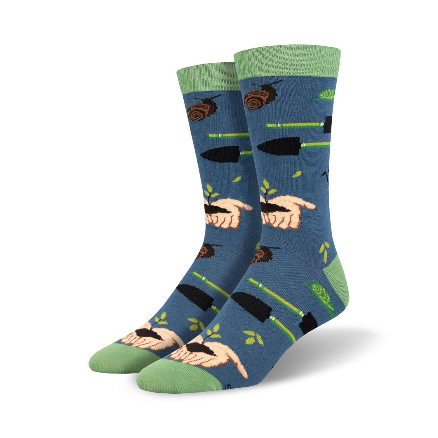 Pair of crew socks in blue with a gardening theme.  Features hands planting seeds, gardening tools, and snails on a soft blue background. Green accents on cuffs.