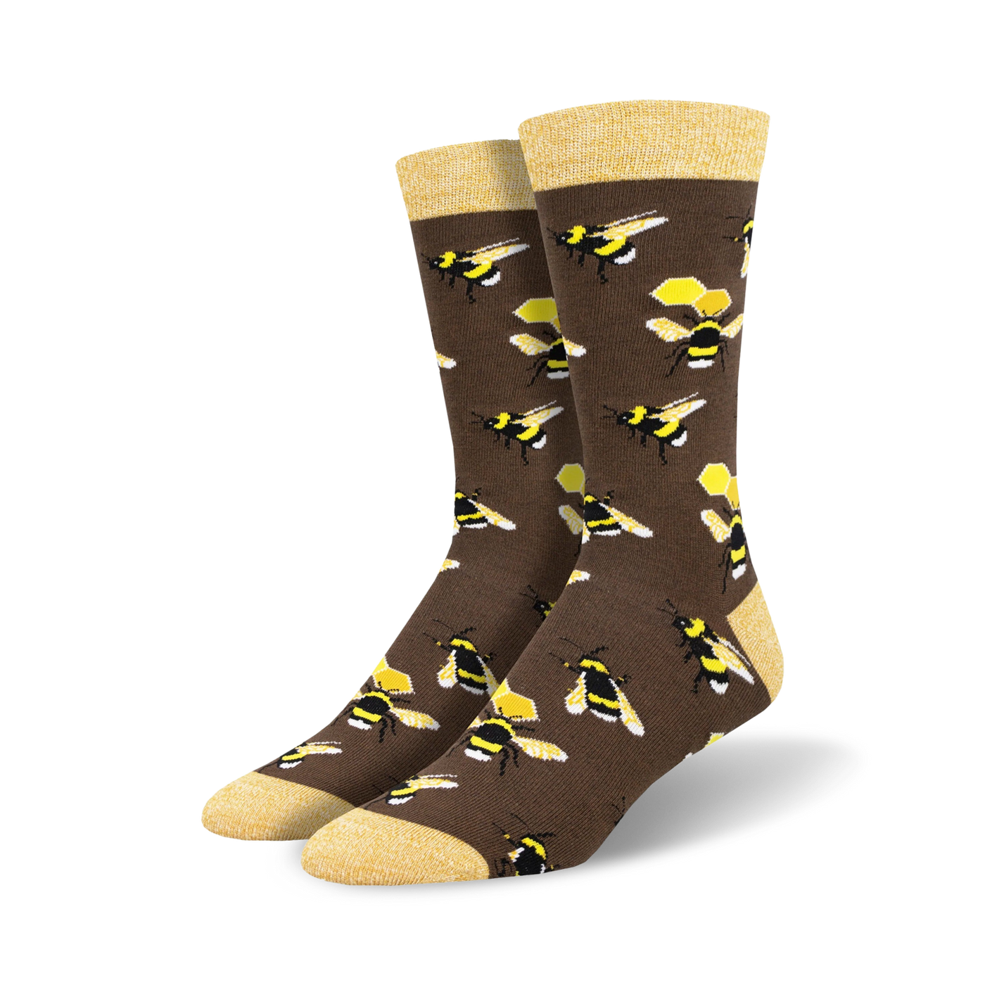 Pair of brown crew socks with a repeating pattern of yellow and black bumblebees and honeycombs.  The socks have a light yellow cuff.