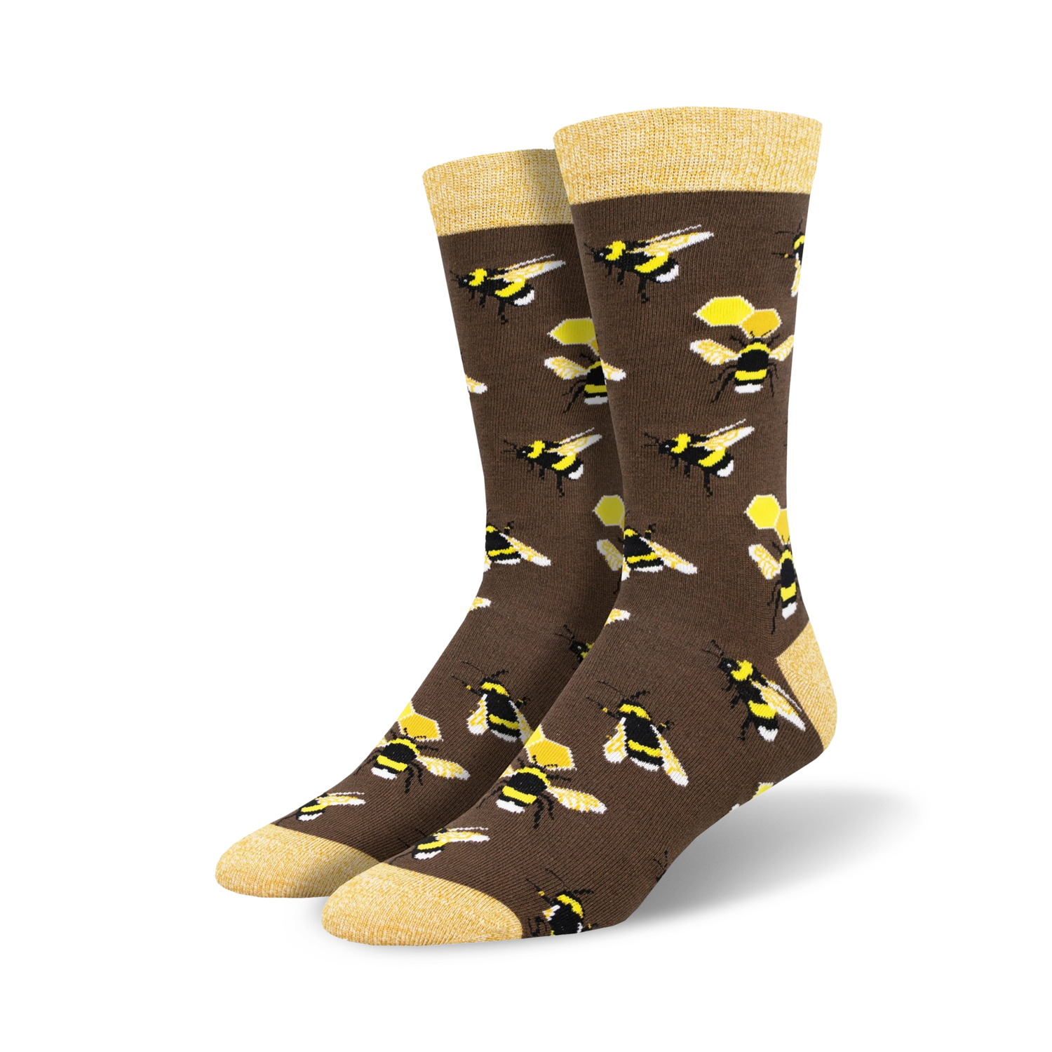Pair of brown crew socks with a repeating pattern of yellow and black bumblebees and honeycombs.  The socks have a light yellow cuff.