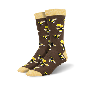 brown bamboo socks with bees and honeycombs called honey in the bank for men.  