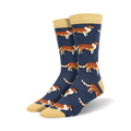 Pair of navy blue crew socks featuring a repeating pattern of brown and white Collie dogs. Socks have a yellow cuff.