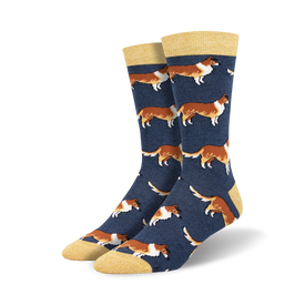 men's blue crew socks with cartoon pattern of brown and white collies.  