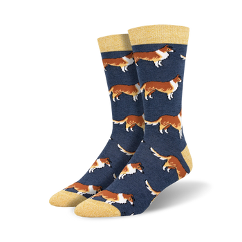 men's blue crew socks with cartoon pattern of brown and white collies.  