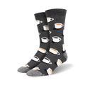 Pair of crew socks in dark gray with a repeating pattern of coffee cups in white and beige.