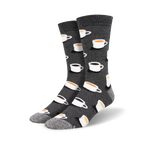 Pair of crew socks in dark gray with a repeating pattern of coffee cups in white and beige.