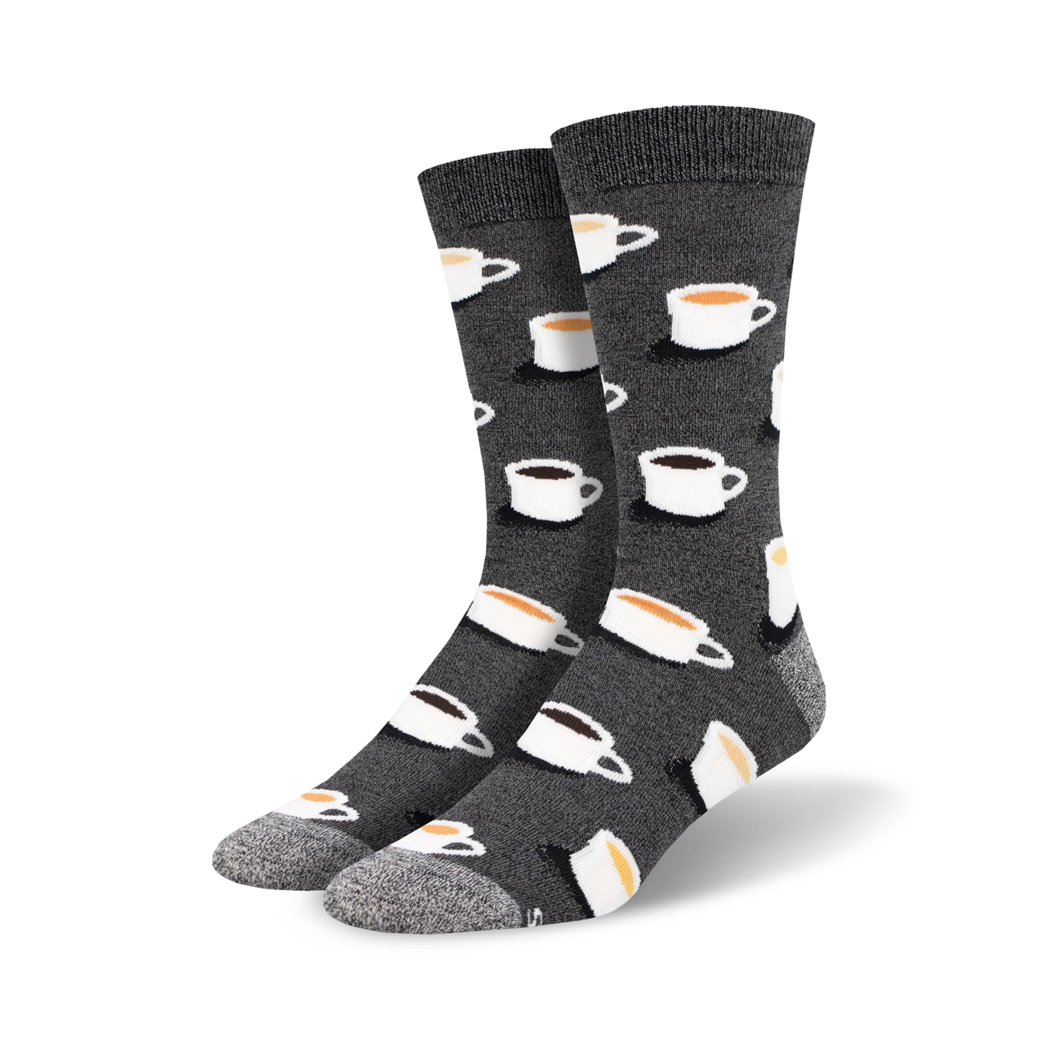 Pair of crew socks in dark gray with a repeating pattern of coffee cups in white and beige.
