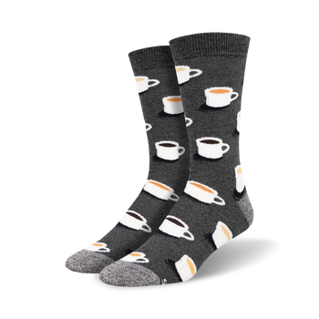 dark gray crew socks with a pattern of repeating light gray coffee cups for men.  