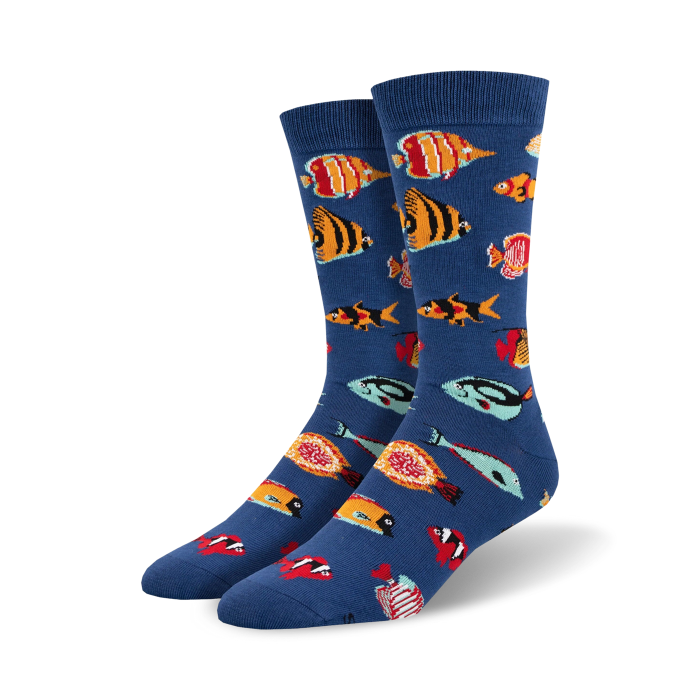 Pair of crew socks in blue featuring colorful tropical fish. Bamboo blend material. Fun and vibrant design.