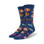Pair of crew socks in blue featuring colorful tropical fish. Bamboo blend material. Fun and vibrant design.