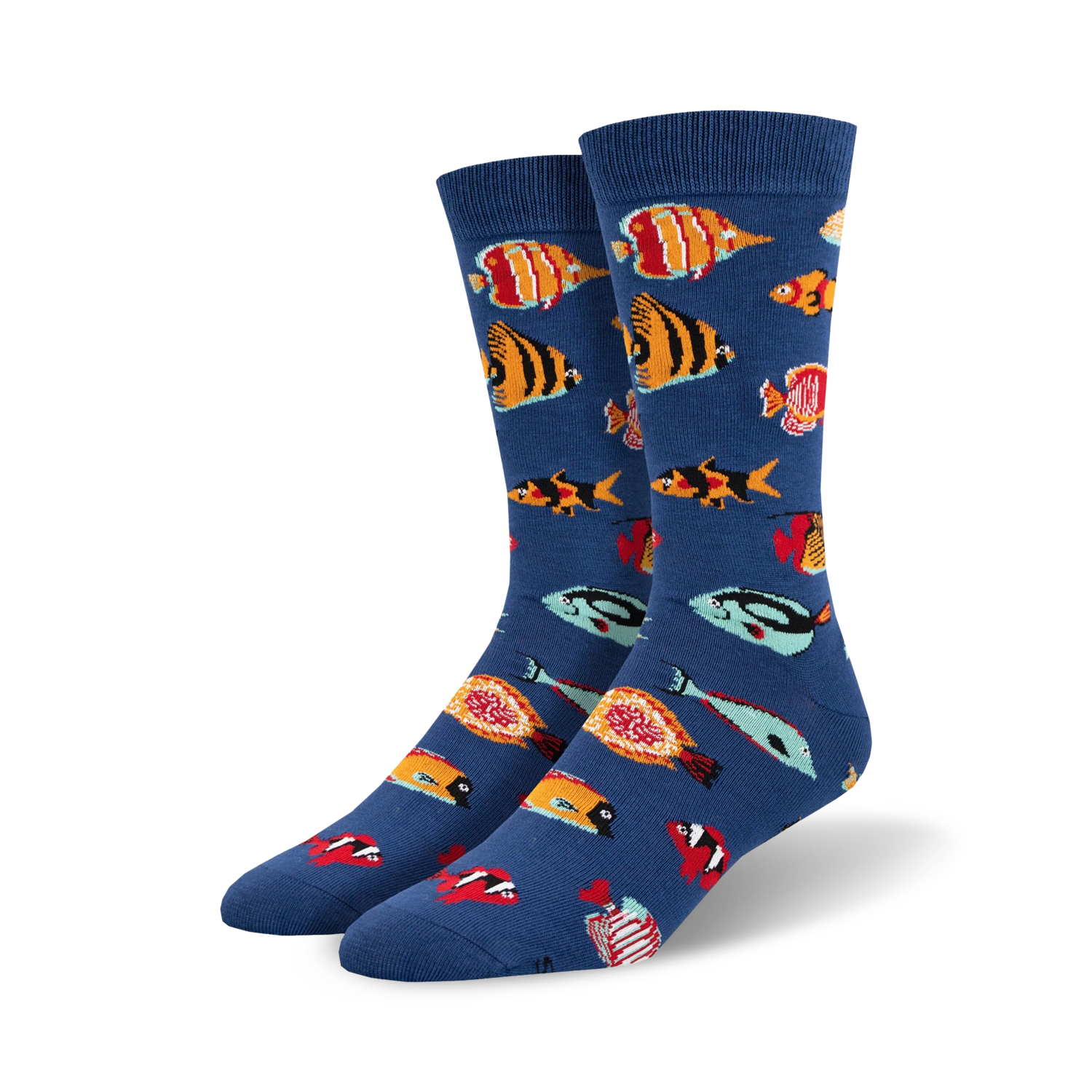 Pair of crew socks in blue featuring colorful tropical fish. Bamboo blend material. Fun and vibrant design.