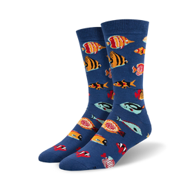 blue crew socks for men featuring various tropical fish in different colors swimming in different directions.   