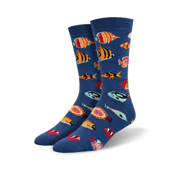 blue crew socks for men featuring various tropical fish in different colors swimming in different directions.   