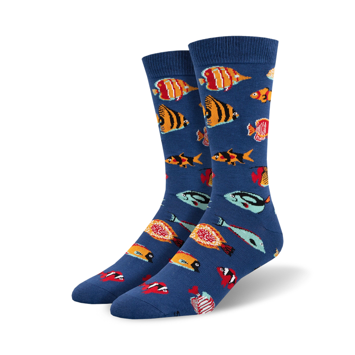 blue crew socks for men featuring various tropical fish in different colors swimming in different directions.    }}