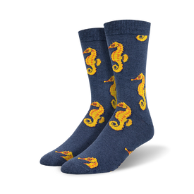 navy blue crew length seahorse pattern men's socks   