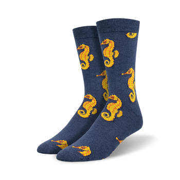 navy blue crew length seahorse pattern men's socks   