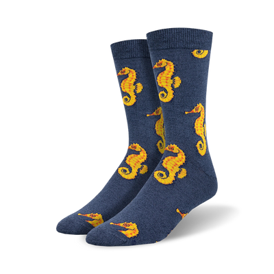 navy blue crew length seahorse pattern men's socks   