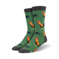 Pair of crew socks with a green background and colorful rooster design.  The socks have a grey cuff.
