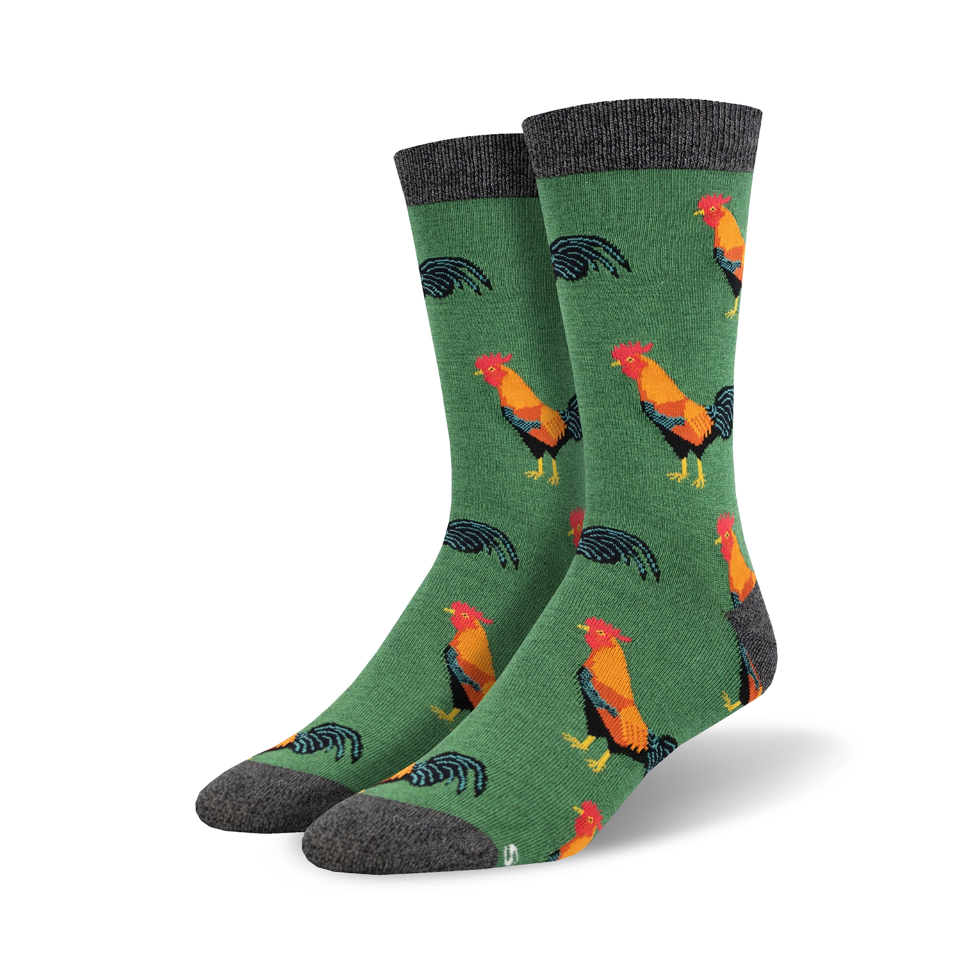 Pair of crew socks with a green background and colorful rooster design.  The socks have a grey cuff.