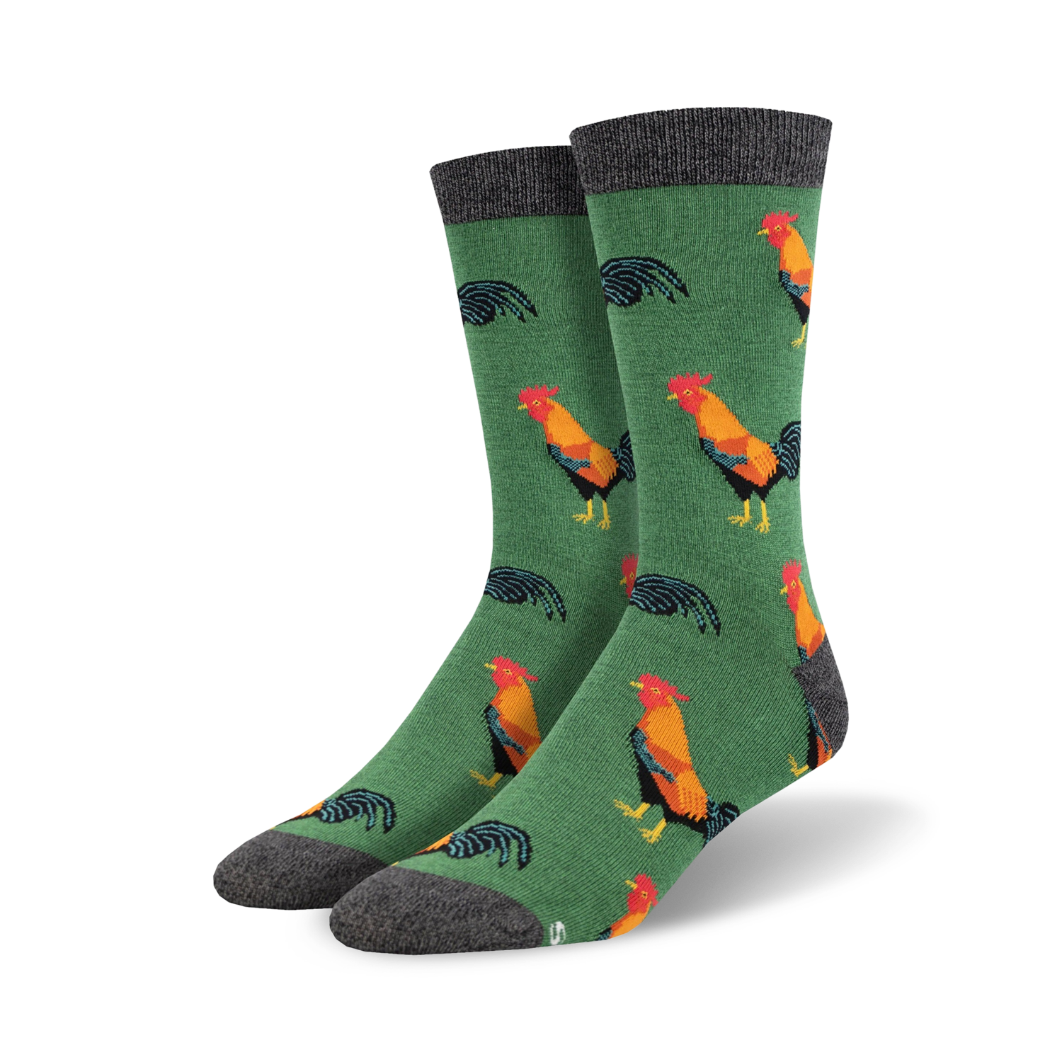 Pair of crew socks with a green background and colorful rooster design.  The socks have a grey cuff.