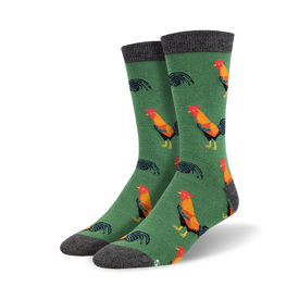 red, orange, yellow, and black cartoon roosters on a green background. crew length men's socks. <br> 
