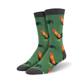flock of roosters bamboo rooster themed mens green novelty crew socks