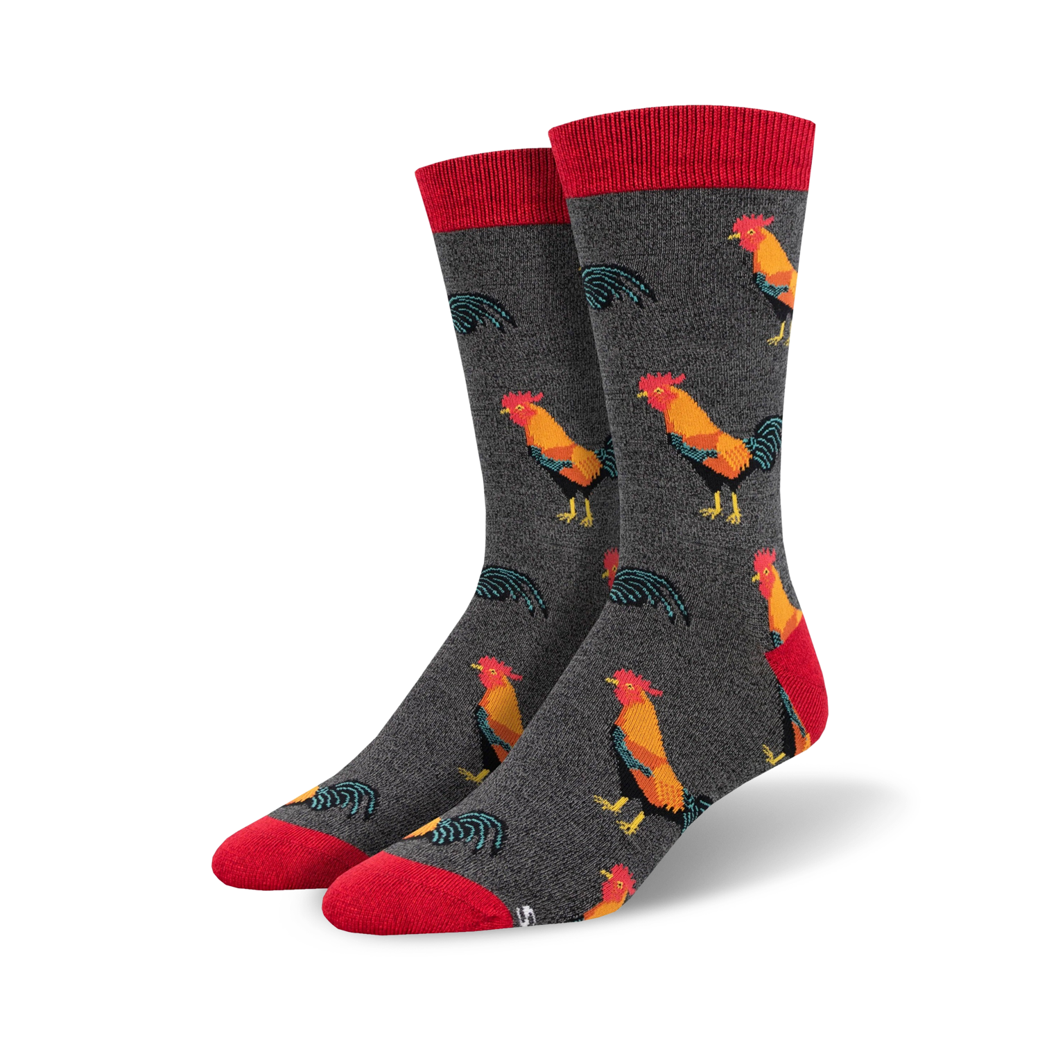 Close-up of a pair of charcoal grey crew socks with red cuffs and a repeating rooster pattern.