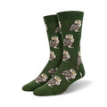 Pair of crew socks; olive green with repeating burrowing owl pattern. Owls are brown, white, and beige.