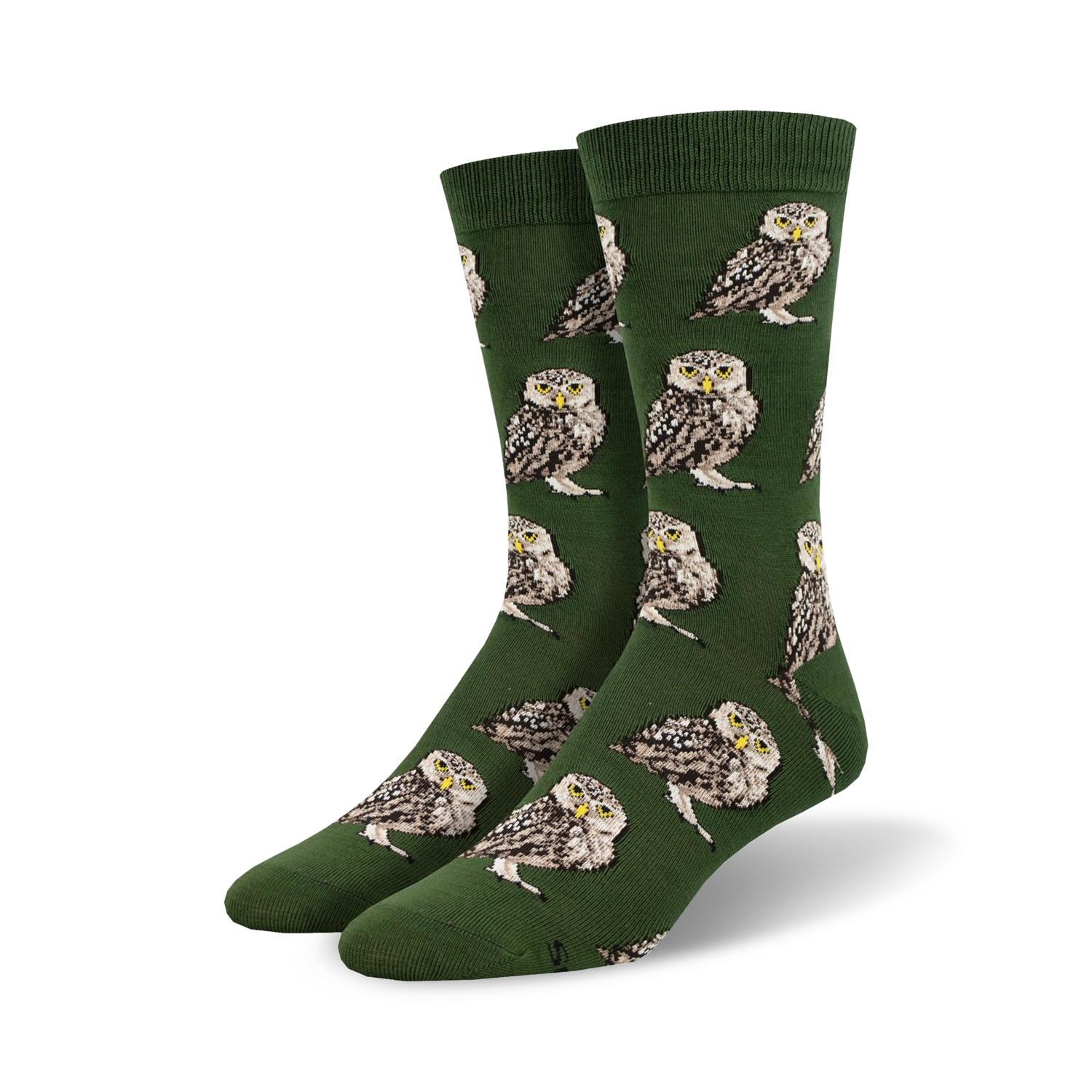 Pair of crew socks; olive green with repeating burrowing owl pattern. Owls are brown, white, and beige.