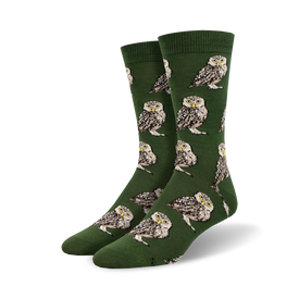burrowing owl bamboo owl themed mens green novelty crew socks